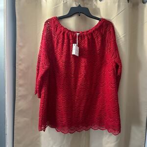 RSVP by Talbots Off Shoulder Red Lace Top Medallion Scallops Lined Blouse/Top 2X